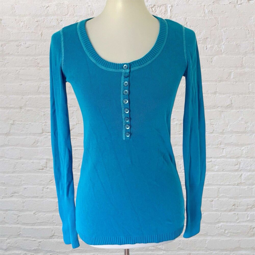 Vtg Y2K Aeropostale Knit Henley Sweater Top M Teal Blue Cozy Layer Scoopneck